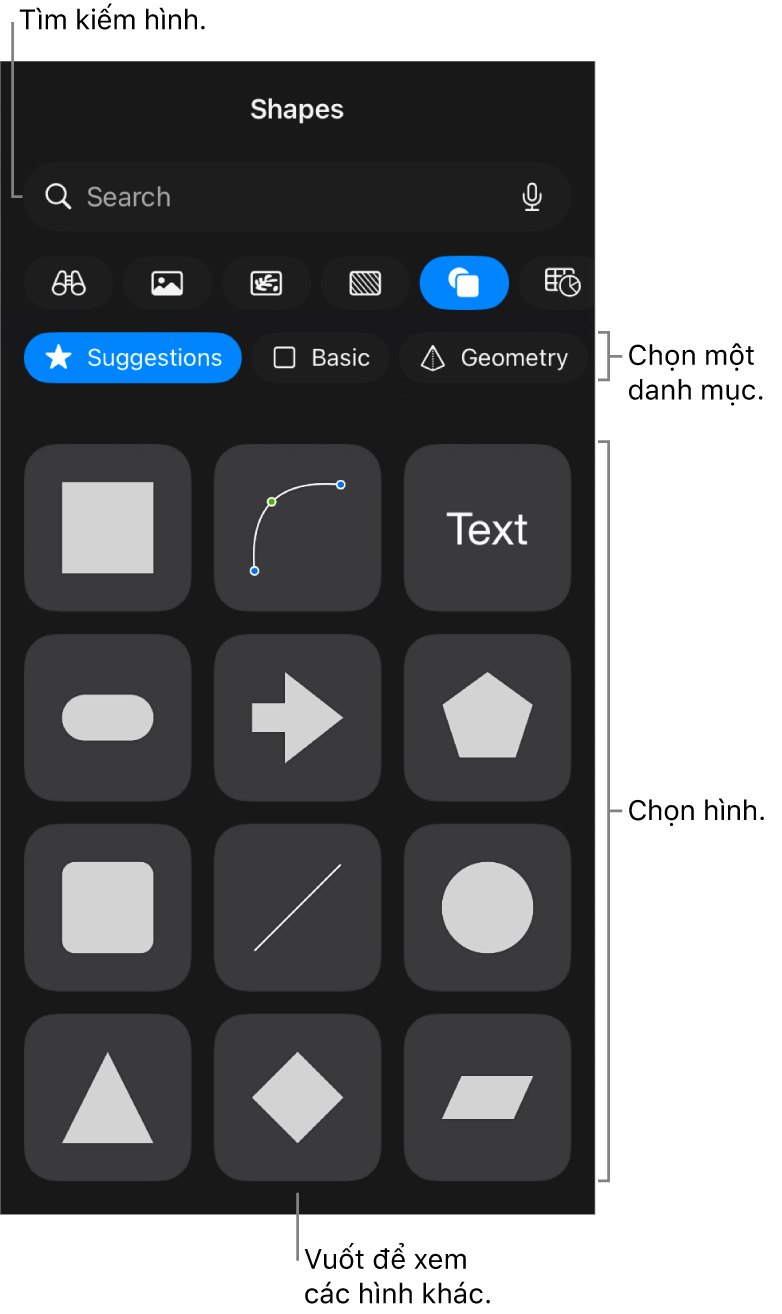 Thư viện hình dạng, với các danh mục ở trên cùng và các hình được hiển thị ở bên dưới. Bạn có thể sử dụng trường tìm kiếm ở trên cùng để tìm các hình và vuốt để xem thêm.
