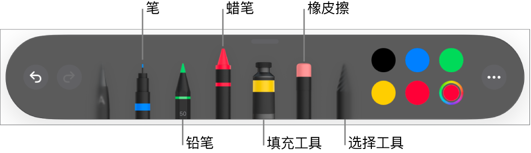 绘图工具栏，包括笔、铅笔、蜡笔、填充工具、橡皮擦、选择工具和显示当前颜色的颜色池。
