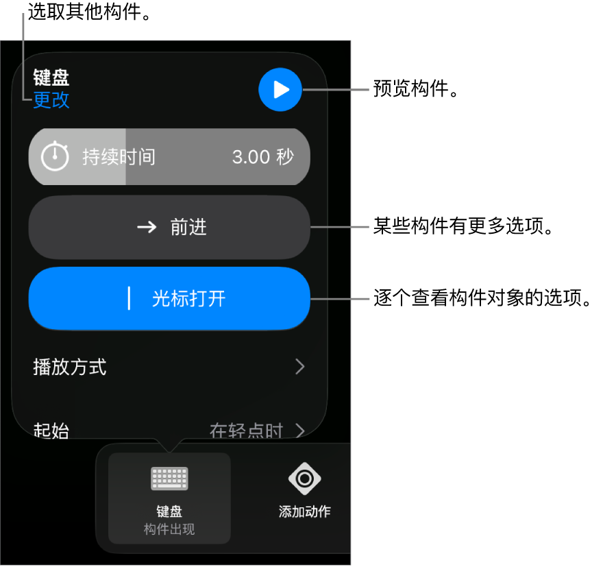 构件选项包括“持续时间”、“播放方式”和“起始”时序。轻点“更改”以选取其他构件，或轻点“预览”以预览构件。