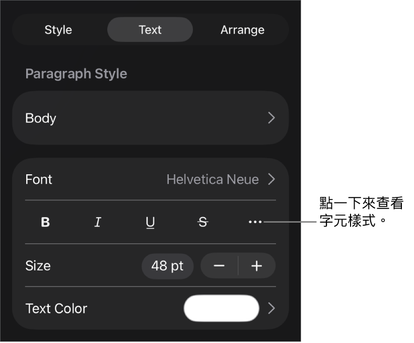 具備段落樣式的「格式」控制項目在最上方，然後是「字體」控制項目。「字體」下方為「粗體」、「斜體」、「底線」、「刪除線」和「更多文字選項」按鈕。