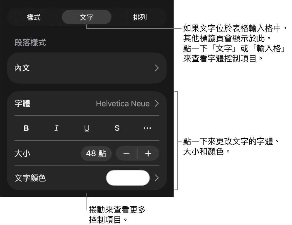 「格式」選單中設定段落及字元樣式、字體、大小和顏色的文字控制項目。