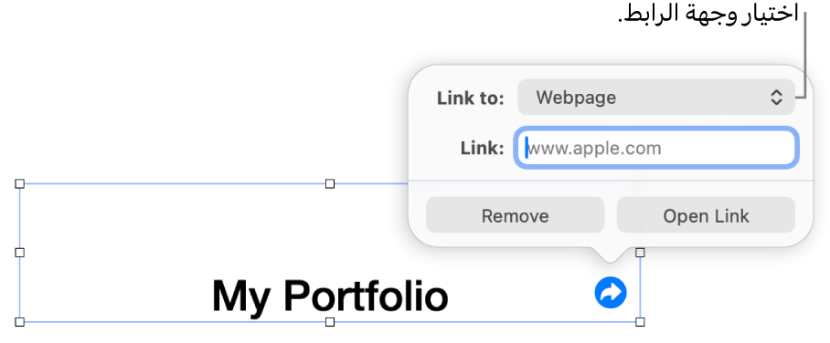 عناصر التحكم في محرر الرابط حيث يوجد الخيار صفحة الويب محددًا وتظهر أزرار إزالة وفتح الرابط في الأسفل.