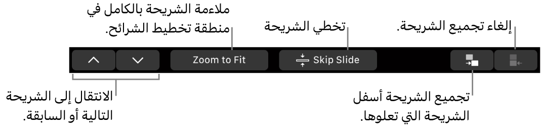 شريط اللمس في MacBook Pro به عناصر التحكم الخاصة بالتنقل إلى الشريحة التالية أو السابقة، وملاءمة الشريحة في منطقة تخطيط الشرائح، وتخطي الشريحة، وتجميع أو إلغاء تجميع الشرائح.
