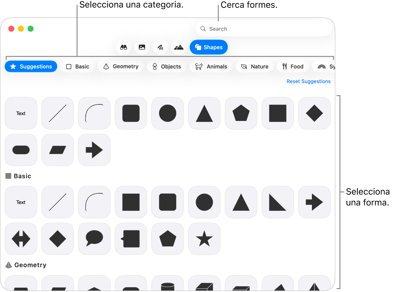 La biblioteca de formes, amb categories a l’esquerra i les formes a la dreta. Pots utilitzar el camp de cerca situat a la part superior per trobar formes i desplaçar‑te per veure’n més.