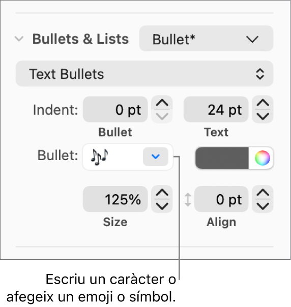 La secció “Vinyetes i llistes” de la barra lateral Format. El camp Vinyeta amb un emoji de flor.