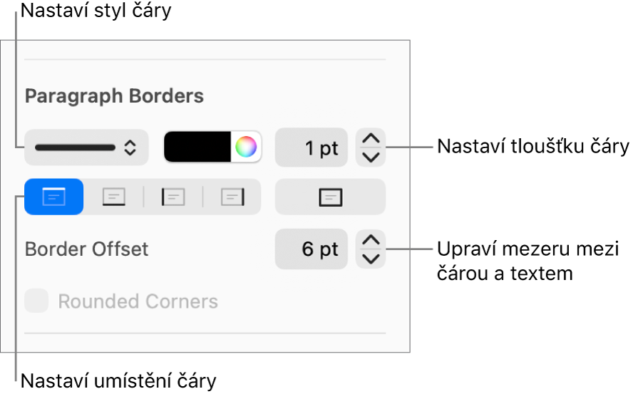 Ovládací prvky pro změnu stylu čáry, její tloušťky, umístění a barvy