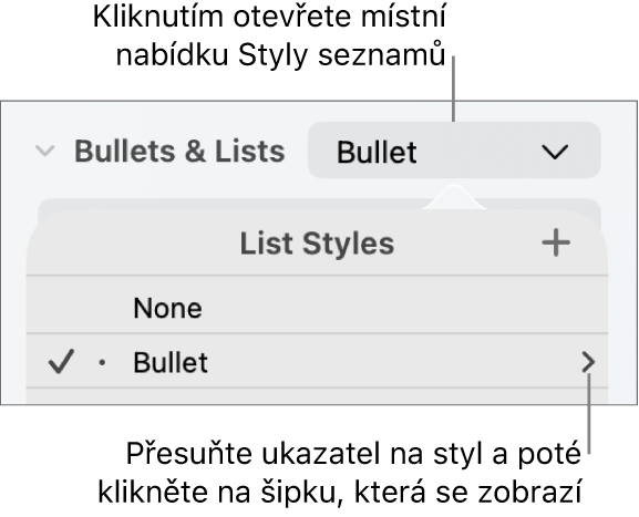 Místní nabídka Styly seznamů s jedním vybraným stylem a šipkou úplně vpravo.