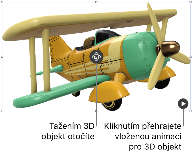 3D objekt s tlačítkem Otočit uprostřed a tlačítkem Přehrát v pravém dolním rohu