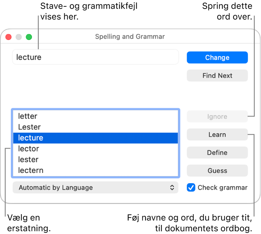 Vinduet Stavekontrol og grammatik.