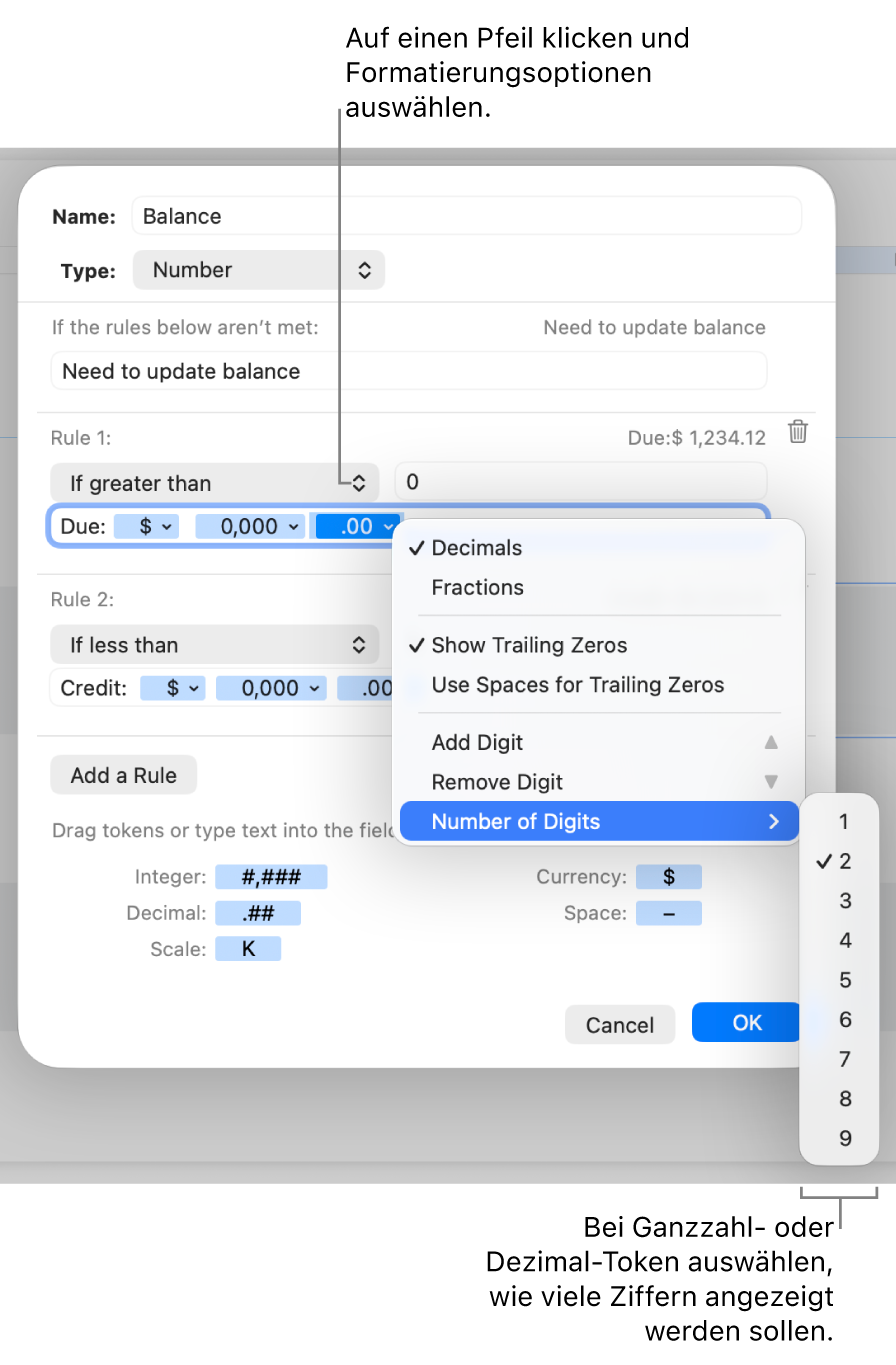 Das Fenster für ein eigenes Zellenformat mit Steuerelementen zum Erstellen eines eigenen Zahlenformats