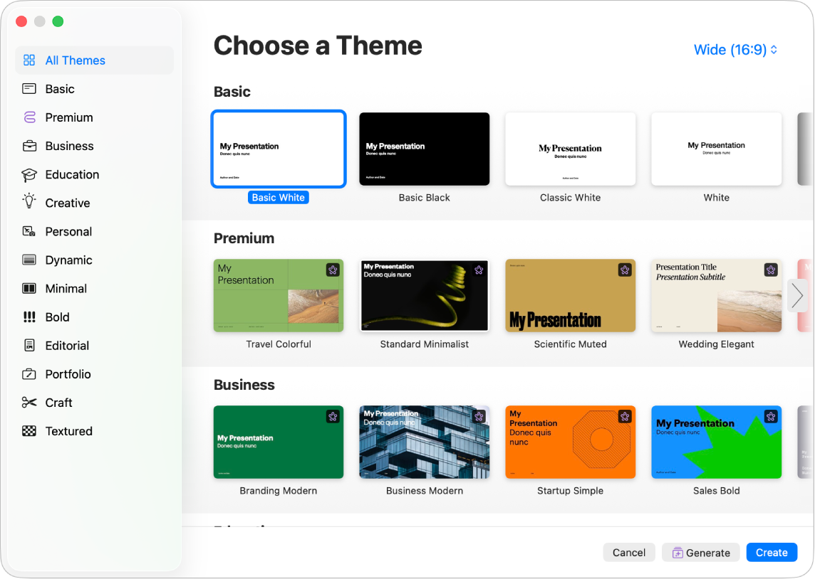 The theme chooser. A sidebar on the left lists theme categories you can click to filter options. On the right are thumbnails of pre-designed themes, arranged in rows by category.