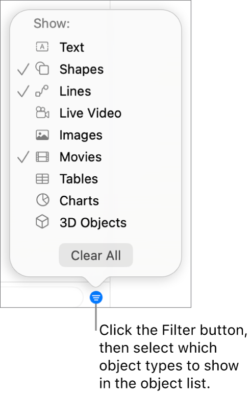 The Filter pop-up menu open, with a list of the types of objects the list can include (text, shapes, lines, images, movies, tables and graphs).
