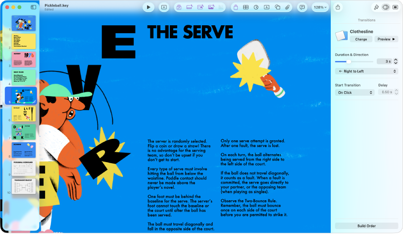 The Keynote window with a slide selected in the slide navigator on the left side of the screen. The Transitions controls appear in the Animate sidebar on the right side of the screen.