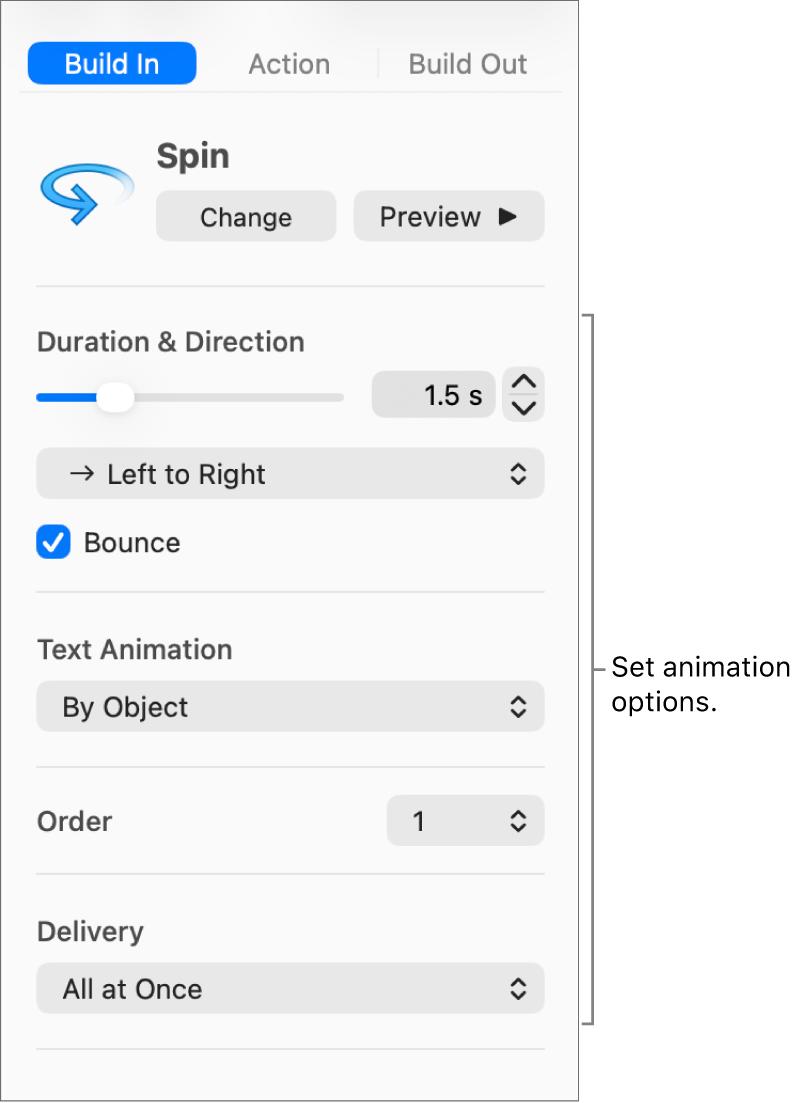 Build In options in the Animate tab of the sidebar.