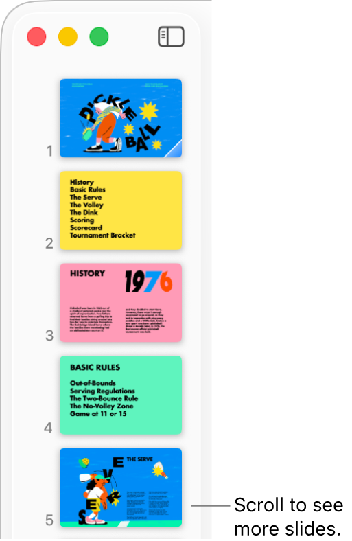 The slide navigator depicting five slides vertically in sequential order, with the option to scroll down to view more slides.