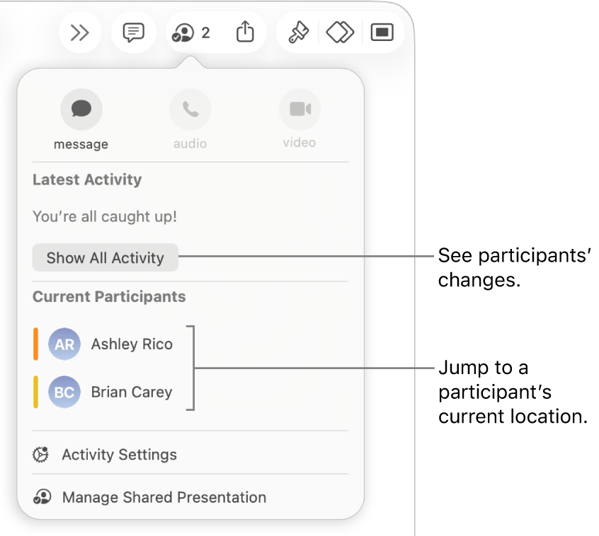 The collaboration menu with two current participants listed.
