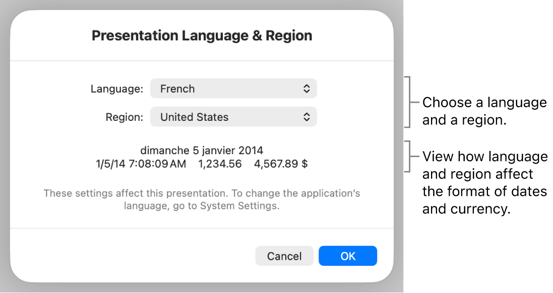 Language & Region pane with controls for language and region, and a format example including date, time, decimal and currency.