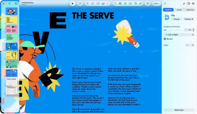The Keynote window with a dashed line selected on the slide. The Animate sidebar with the Build In animation controls is showing on the right.