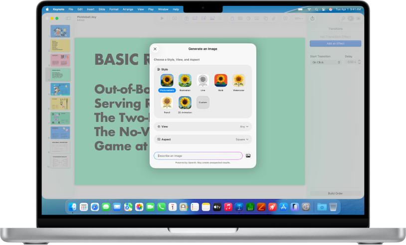 The Generate an Image dialogue showing options for generating an image from a text description.