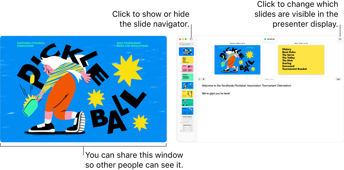 A Keynote presentation displayed in a window, with the presenter display in a second window containing the slide navigator, presenter notes and slide preview.