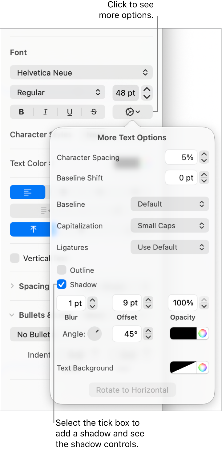 The Advanced Options open with the Shadow tickbox selected and controls for setting blur, offset, opacity, angle and colour.