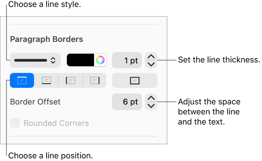 Controls to change the line style, thickness, position and colour.