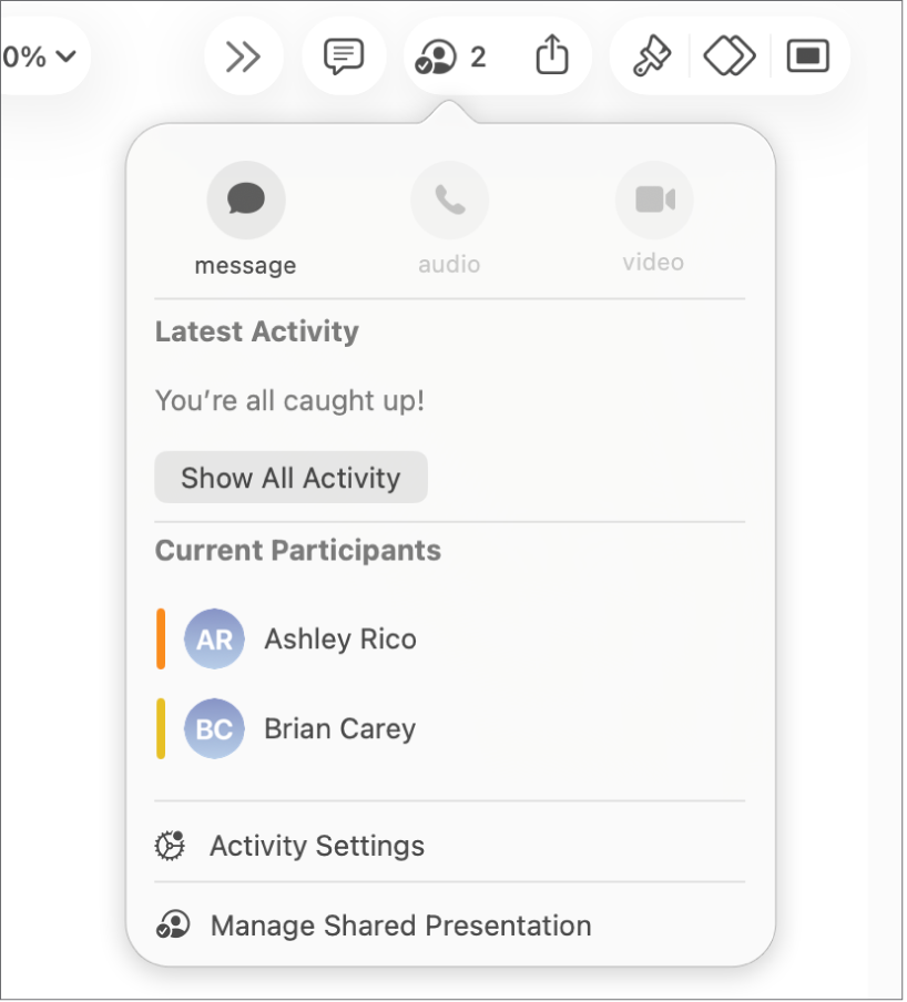 The collaboration menu showing the names of people collaborating on the presentation.