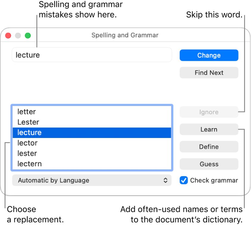 The Spelling and Grammar window.
