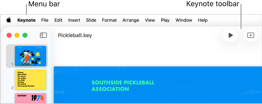 The menu bar at the top of the screen with Apple, Keynote, File, Edit, Insert, Format, Arrange, View, Play, Share, Window and Help menus. Below the menu bar is an open Keynote presentation with toolbar buttons across the top for View, Zoom, Add Slide, Play, Table, Chart, Text, Shape and Media.