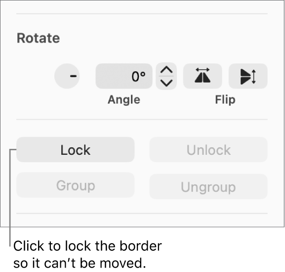 The Rotate, Lock and Group object controls with the Lock button called out.