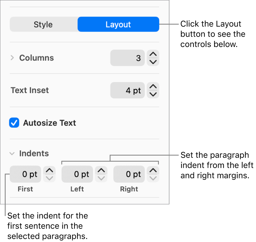 The Layout section of the Format sidebar showing controls for setting the first line indent and paragraph margins.