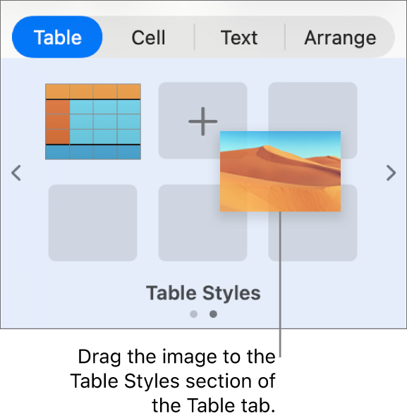 Dragging an image into the table styles to create a new style.