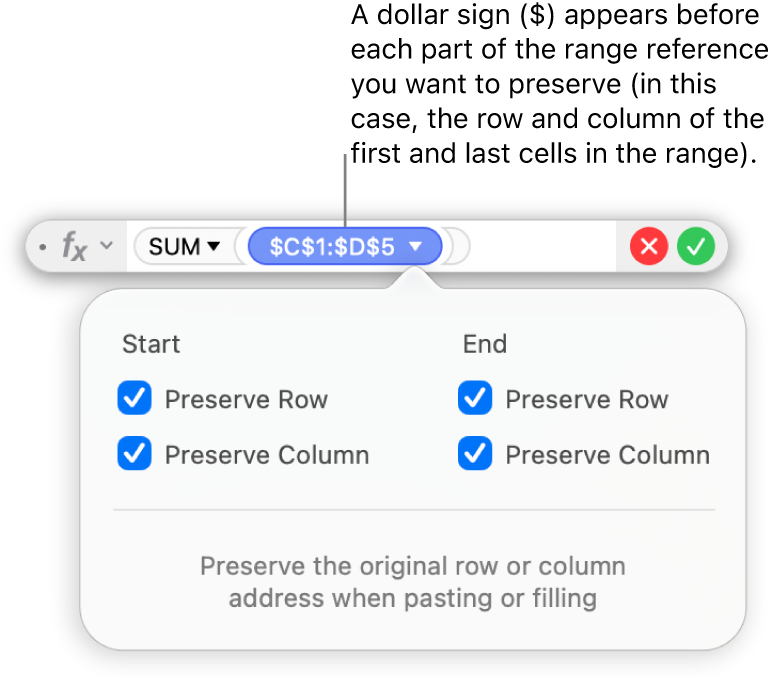 The Formula Editor showing Preserve Row and Preserve Column options selected for a certain range.