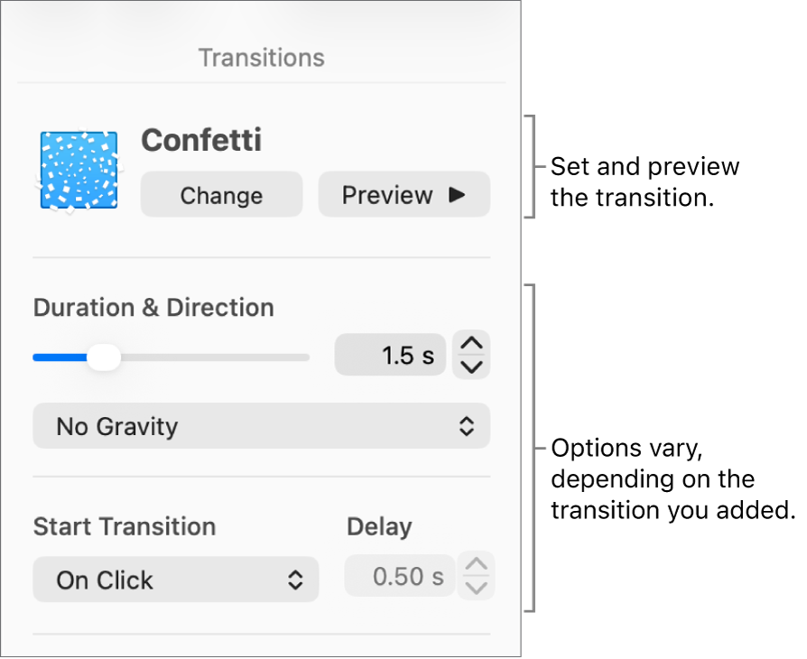 Transition controls in Transitions section of the sidebar.