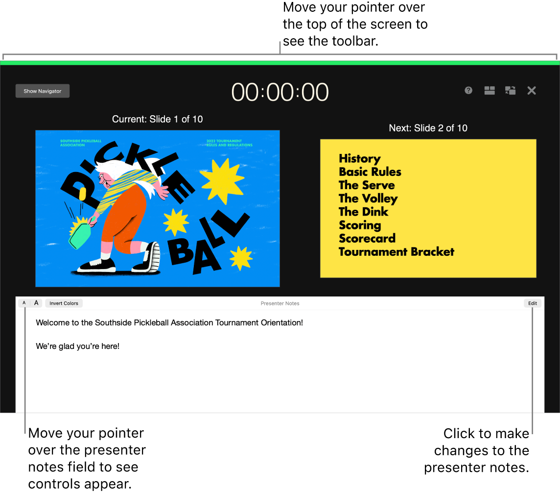 The Keynote presenter display with buttons to open and close the slide navigator and display options along the top of the screen. The current slide and next slide appear in the middle of the screen, with the Presenter Notes field in the bottom.