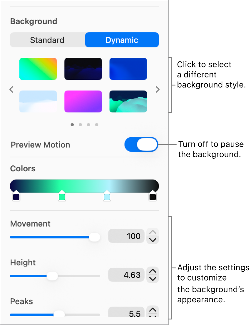 The Dynamic button selected in the Background section of the Format sidebar with the dynamic background styles, Motion Preview control, and appearance controls displayed.
