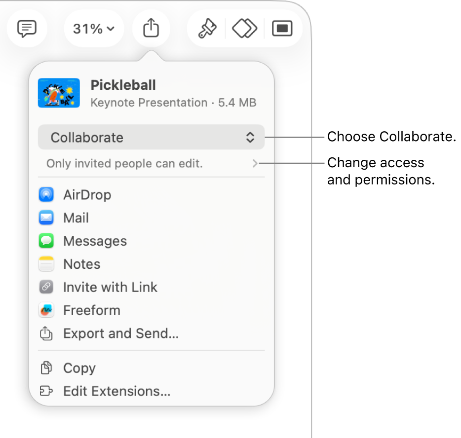 The Share menu with Collaborate selected at the top, and access and permission settings underneath.