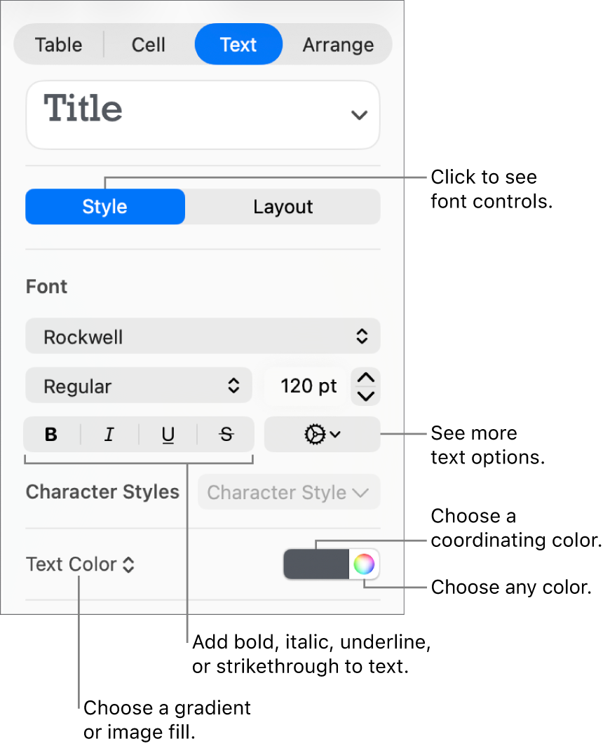 The controls for styling table text.