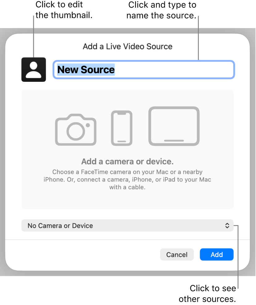 The Add a Live Video Source window with controls to change the source’s name and thumbnail on the top, and to select other sources on the bottom.