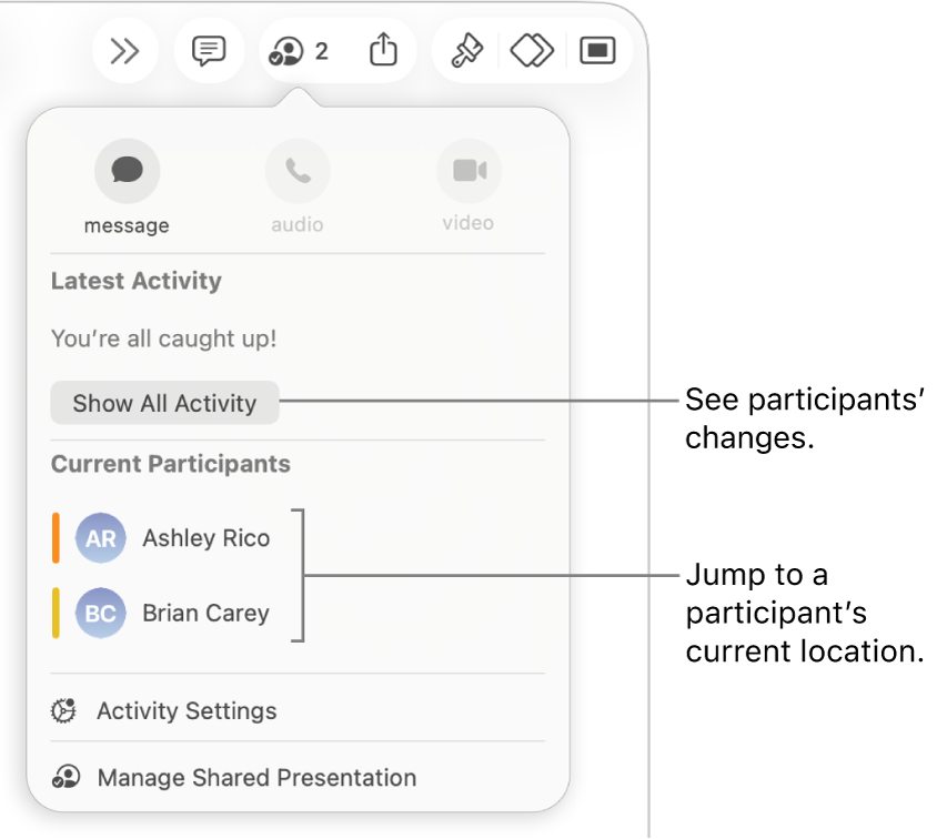 The collaboration menu with two current participants listed.
