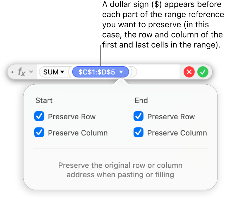 The Formula Editor showing Preserve Row and Preserve Column options selected for a certain range.