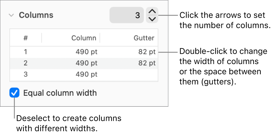 Controls in the columns section for changing the number of columns and the width of each column.