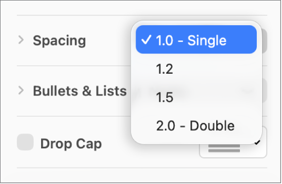 The Spacing pop-up menu with Single, Double, and other options.