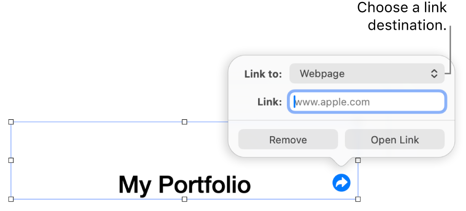 The link editor controls with Webpage selected, and the Remove and Open Link buttons at the bottom.
