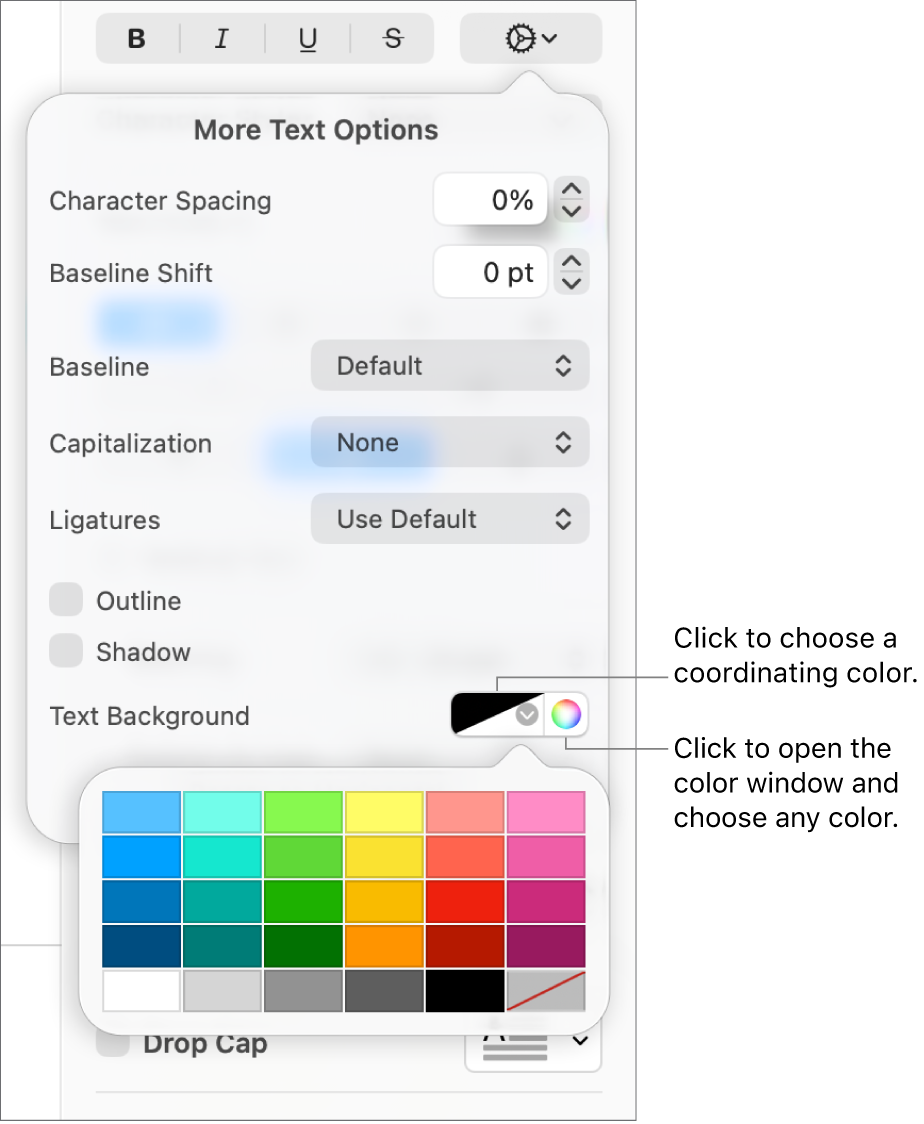 Controls for choosing a background color for text.