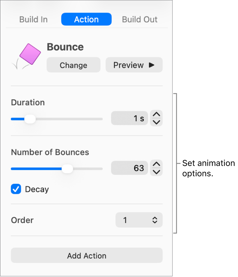 Action controls in the Animate section of the sidebar.
