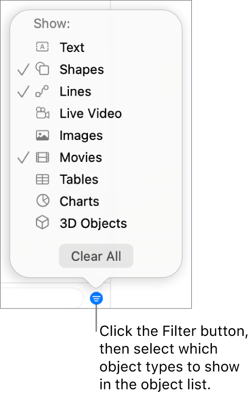 The Filter pop-up menu open, with a list of the types of objects the list can include (text, shapes, lines, images, movies, tables, and charts).