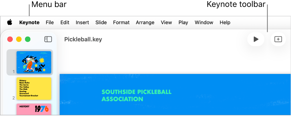 The menu bar at the top of the screen with Apple, Keynote, File, Edit, Insert, Format, Arrange, View, Play, Share, Window, and Help menus. Below the menu bar is an open Keynote presentation with toolbar buttons.