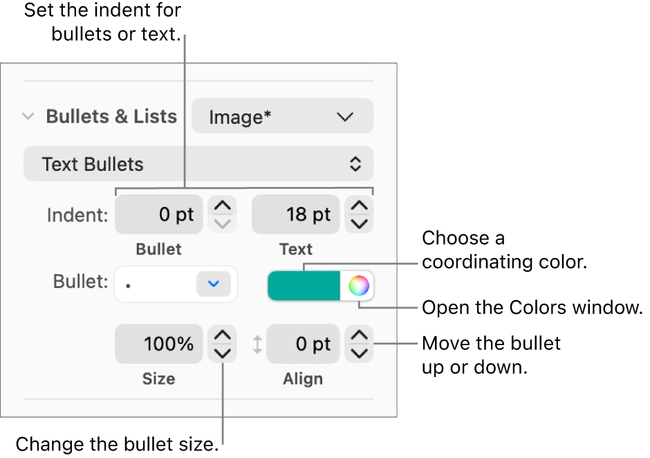 The Bullets & Lists section with callouts to the controls for bullet and text indent, bullet color, bullet size, and alignment.