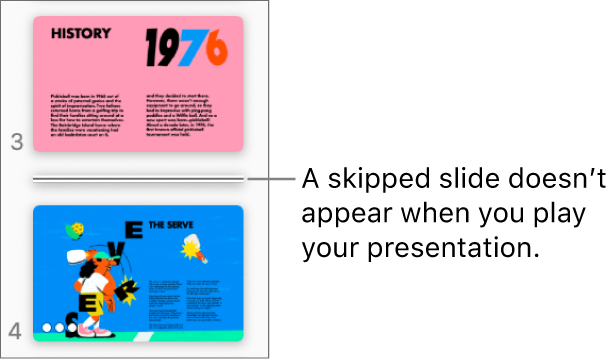 The slide navigator with a skipped slide showing as a horizontal line.